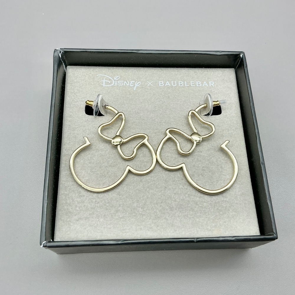 Disney BaubleBar Earrings Women Gold Minnie Mouse Bow Outline Hoop Jewelry Gift